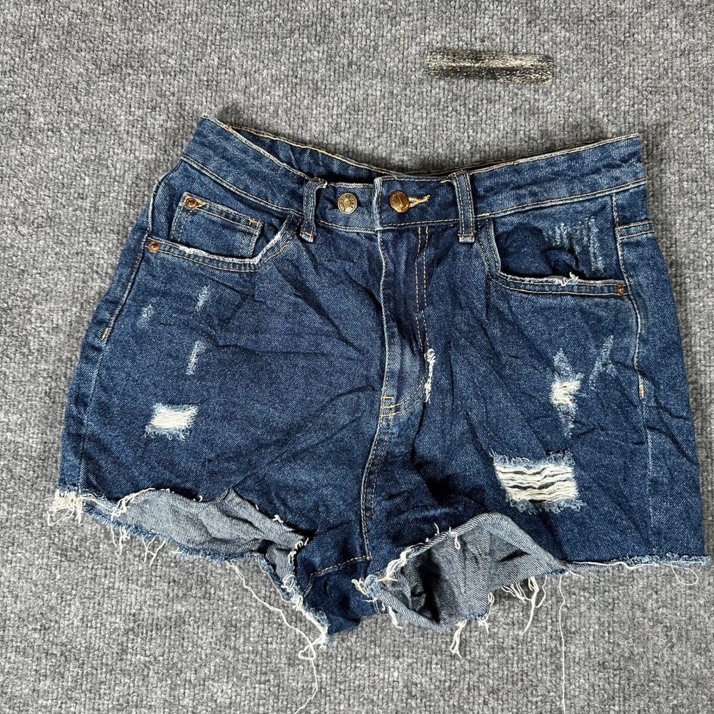 Topshop Denim Shorts Womens Size 26 Dark Wash Distressed High Waisted Raw Hem